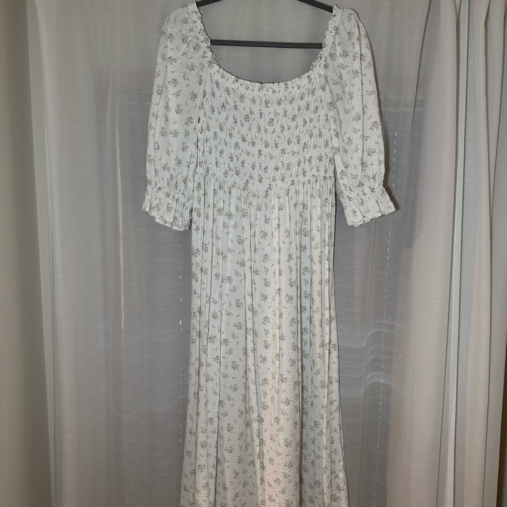 H&M White Smocked Sundress with Puff Sleeves